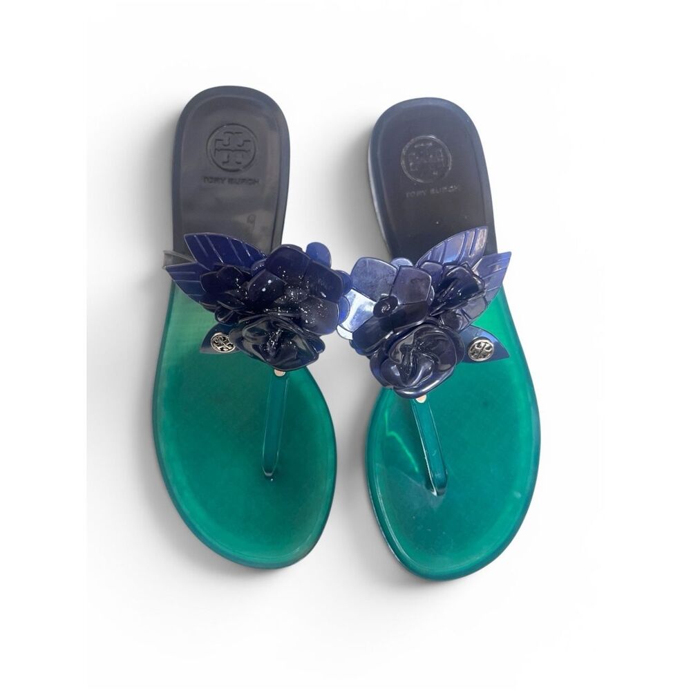 Tory Burch Blossom Jelly Blue Green Flip Flop Resort Coastal Flower Sandals 7